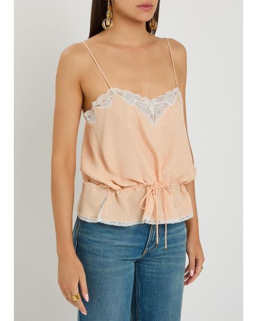Chloé Natural Floral-Jacquard Lace-Trim Silk Top
