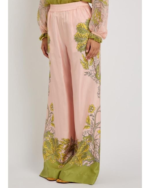 LaDoubleJ Pink Printed Wide-Leg Silk Trousers