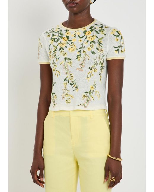 Alice + Olivia White Cindy Floral-Embroidered Linen T-Shirt
