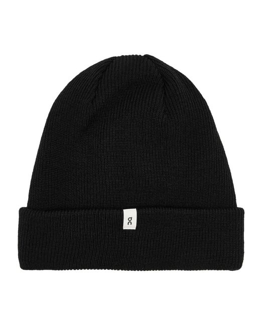 On Shoes Black Ribbed Wool Beanie for men