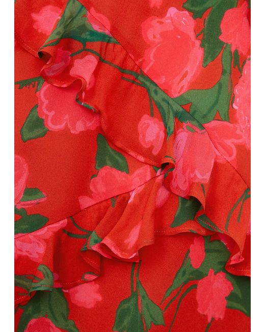 Rixo Red Gail Printed Ruffled Silk Maxi Dress