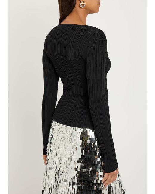 Self-Portrait Black Ribbed Lace-Trim Stretch-Knit Top