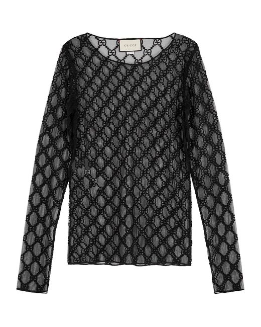 Gucci Black GG-embroidered Tulle Top