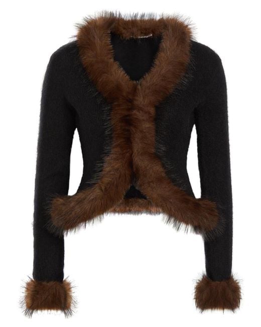 Self-Portrait Black Faux Fur-Trim Knit Cardigan