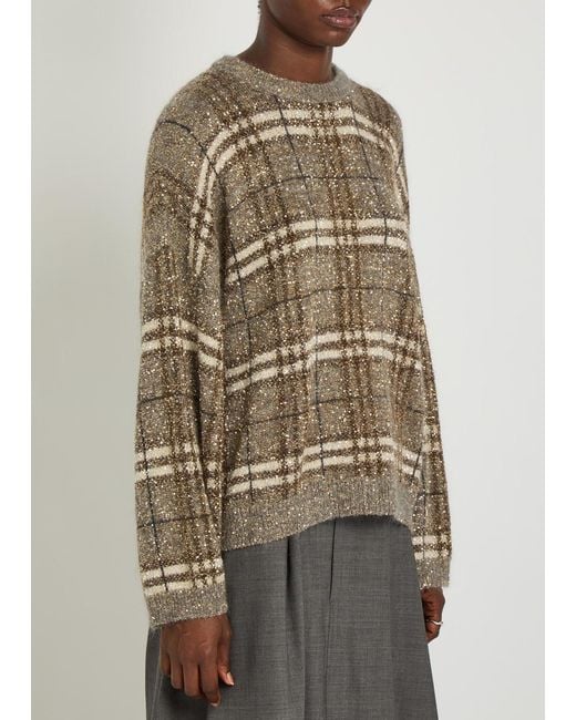 Brunello Cucinelli Natural Checked Embellished Knit Jumper