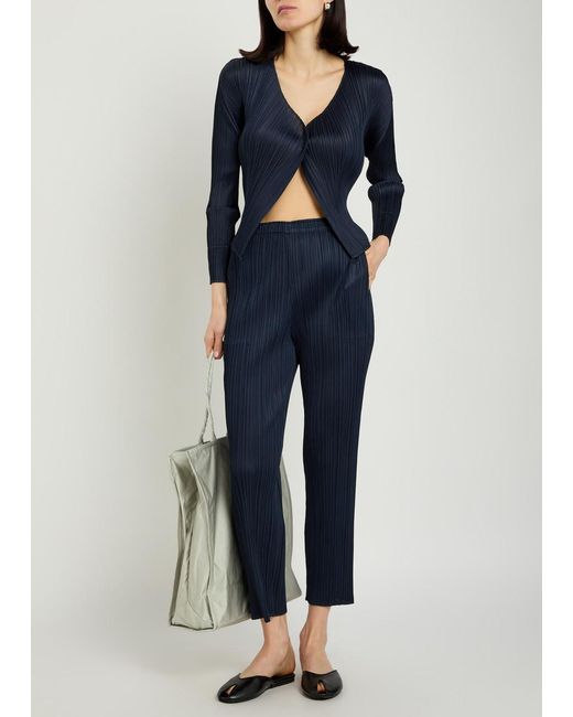Pleats Please Issey Miyake Blue Pleated Woven Cardigan