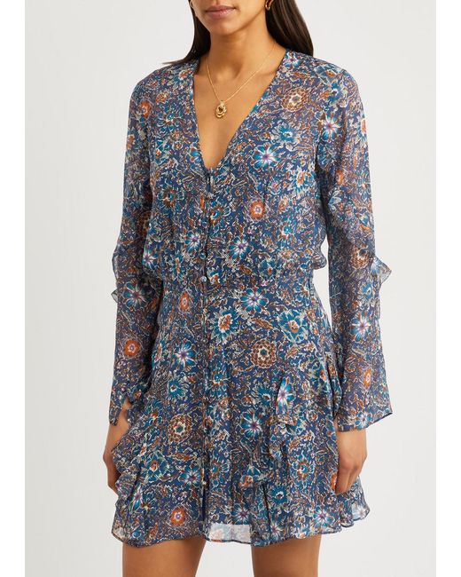 Veronica Beard Blue Camden Floral-print Silk Mini Dress