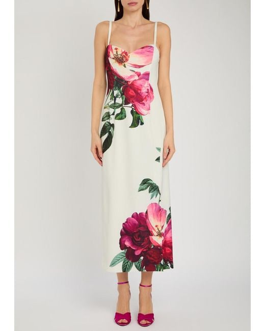 Alice + Olivia White Nina Floral-Print Satin-Crepe Midi Dress