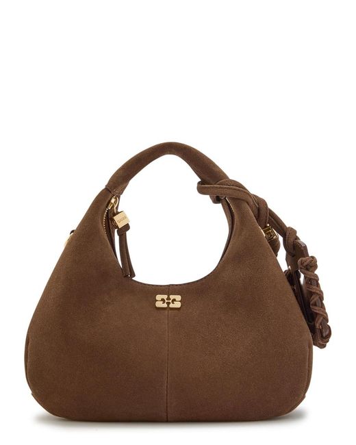 Ganni Brown Hobo Mini Logo Suede Top Handle Bag