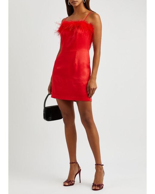 Kitri Nola Feather-trimmed Satin Mini Dress in Red | Lyst