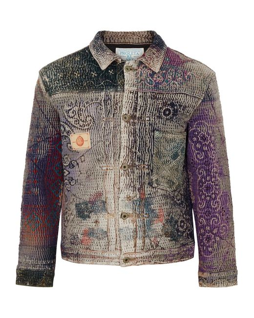 PROLETA-RE-ART Gray Boro Patchwork Distressed Denim Jacket for men