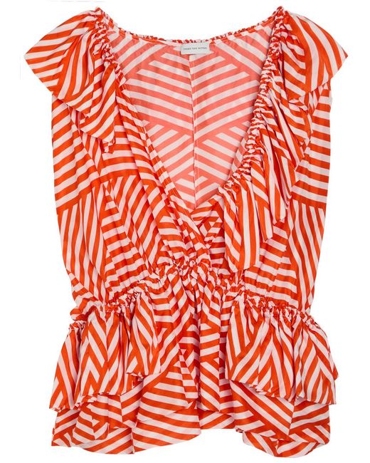 Dries Van Noten Red Cally Striped Silk Top