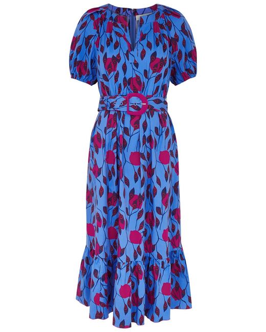 Diane von Furstenberg Blue Lindy Printed Stretch Cotton-poplin Midi Dress