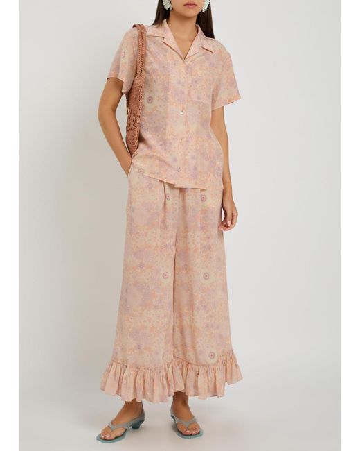 Chloé Pink Floral-Print Frill Wide-Leg Silk Trousers