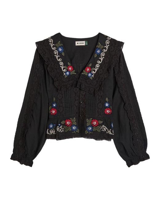 Rixo Black Maribelle Floral-Embroidered Cotton Blouse