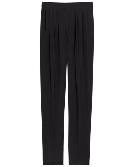 Saint Laurent Black Pleated Tapered-Leg Brushed Silk Trousers