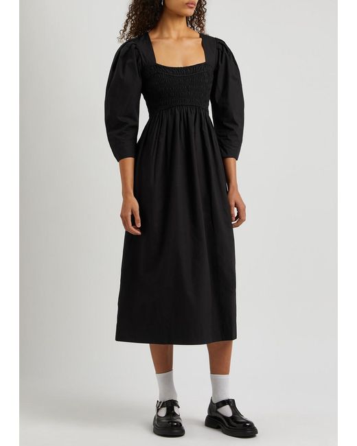 Ganni Black Smocked Cotton-poplin Midi Dress