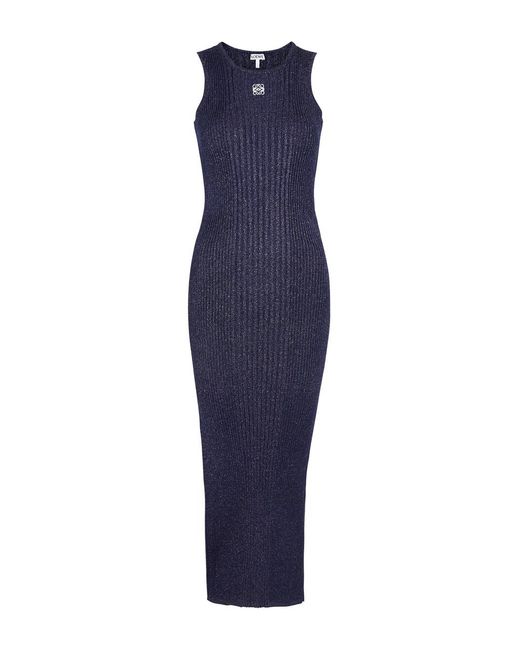 Loewe Blue Anagram Glittered Ribbed-Knit Midi Dress