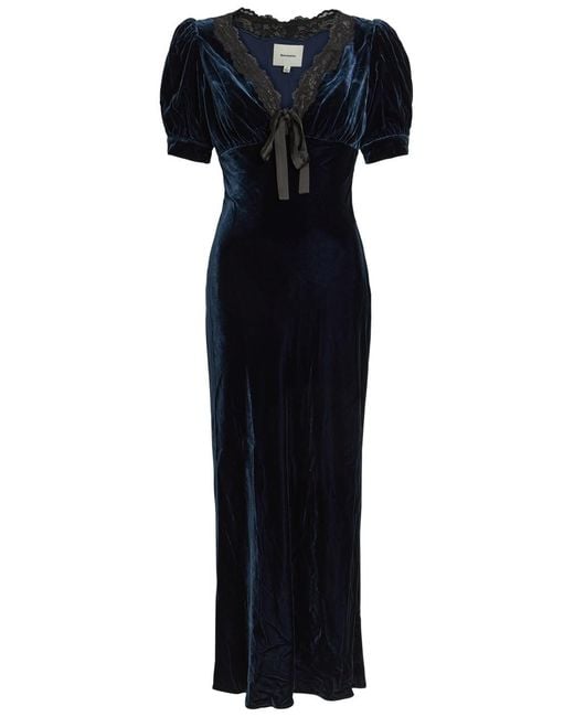 Reformation Blue Camille Lace-Trim Velvet Midi Dress