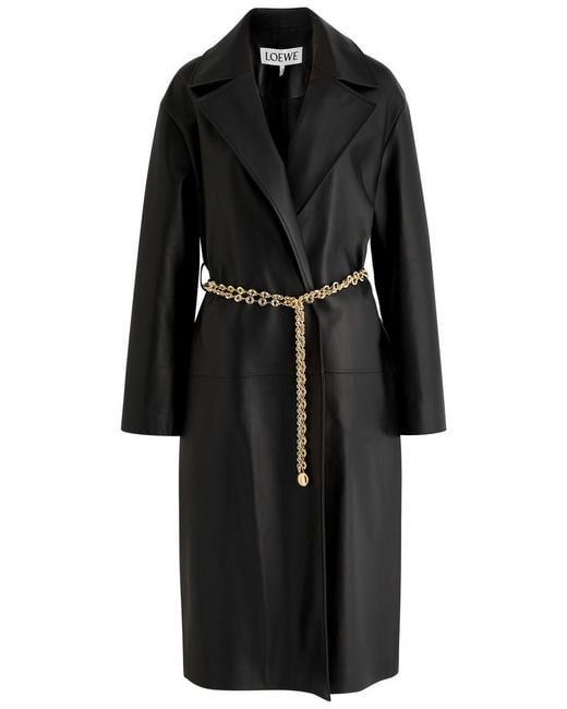 Loewe Black Belted Leather Coat Uk12