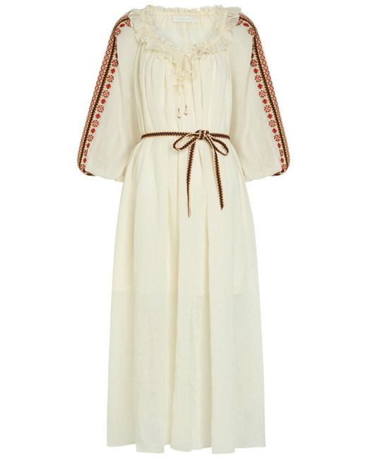 Zimmermann Natural Aster Embroidered Belted Ramie Maxi Dress