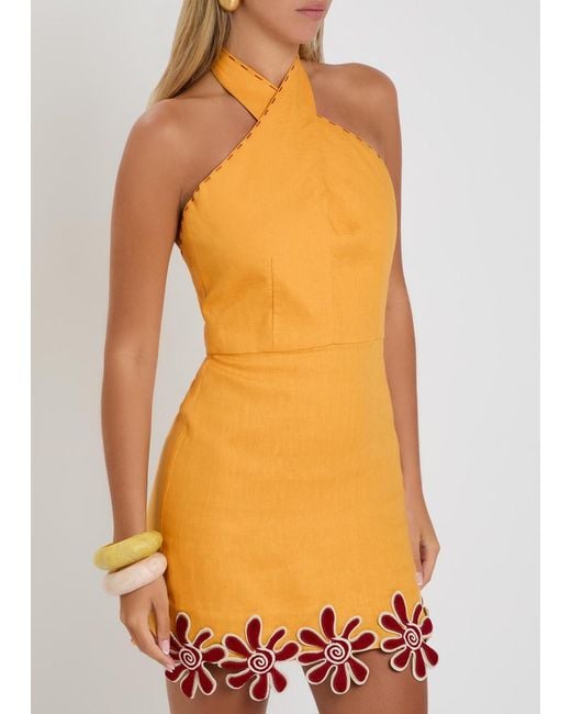 Cala De La Cruz Orange Veneta Floral-Appliquéd Linen Mini Dress