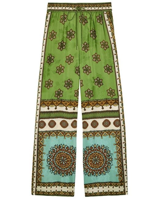 ALÉMAIS Green Contina Printed Wide-Leg Satin Trousers