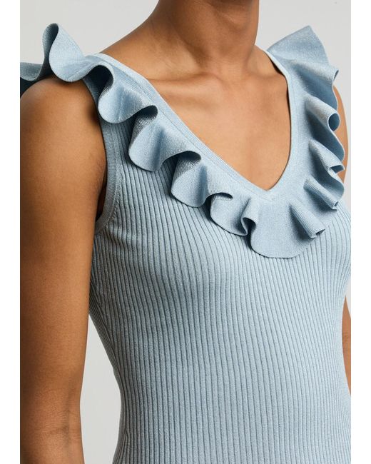 Zimmermann Blue Waverly Ruffle-Trimmed Ribbed-Knit Top