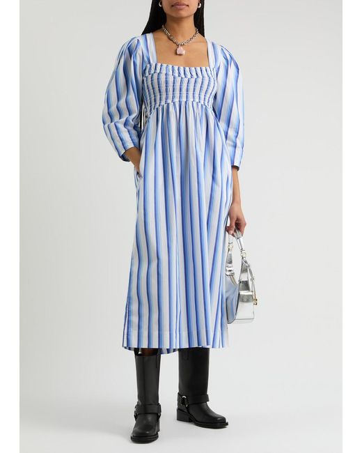 Ganni Blue Striped Cotton Midi Dress