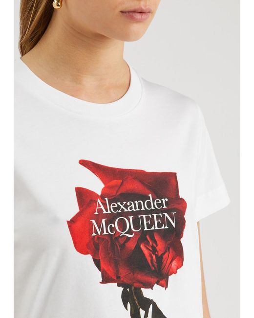 Alexander McQueen White Shadow Rose Printed Cotton T-Shirt