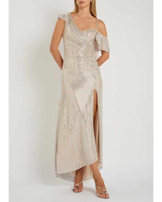 Self-Portrait White Crystal-Embellished Asymmetric Stretch-Tulle Maxi Dress