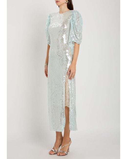Roberta Einer White Drama Sequin-Embellished Stretch-Mesh Maxi Dress