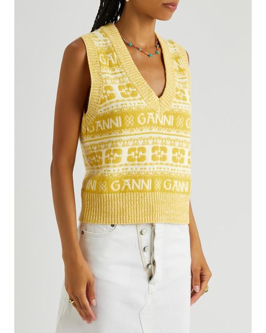 Ganni Yellow Striped Logo-intarsia Wool-blend Vest