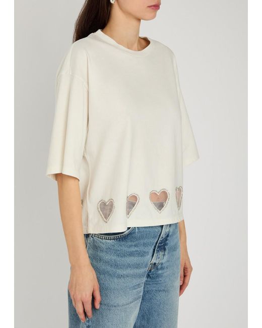 Alice + Olivia White Evan Heart Embellished Cropped Cotton T-Shirt