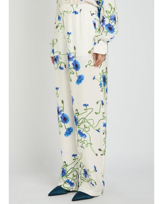 Stella McCartney White Floral Print Straight-Leg Textured Satin Trousers