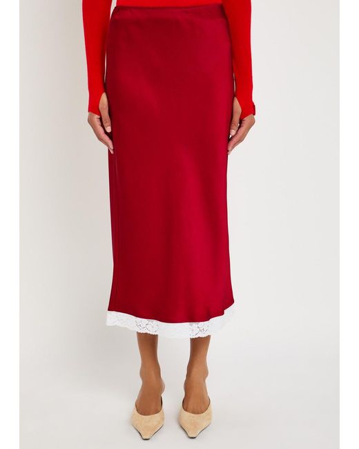 Victoria Beckham Red Lace Trim Satin Midi Slip Skirt