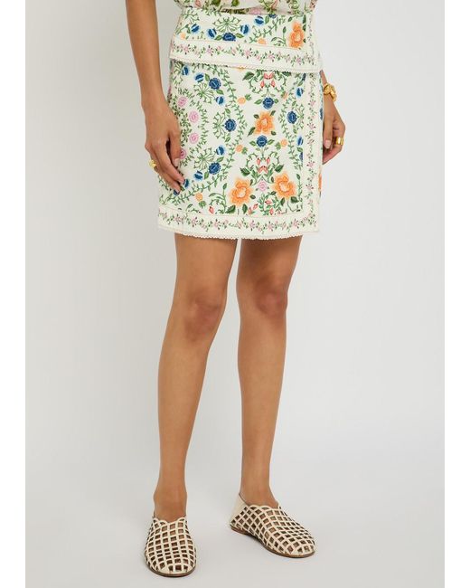 Farm Rio Gray Folk Floral-Print Cotton Mini Skirt