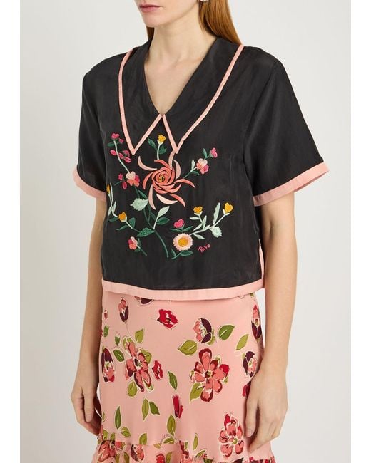 Rixo Blue Nicolina Floral-Embroidered Silk Top
