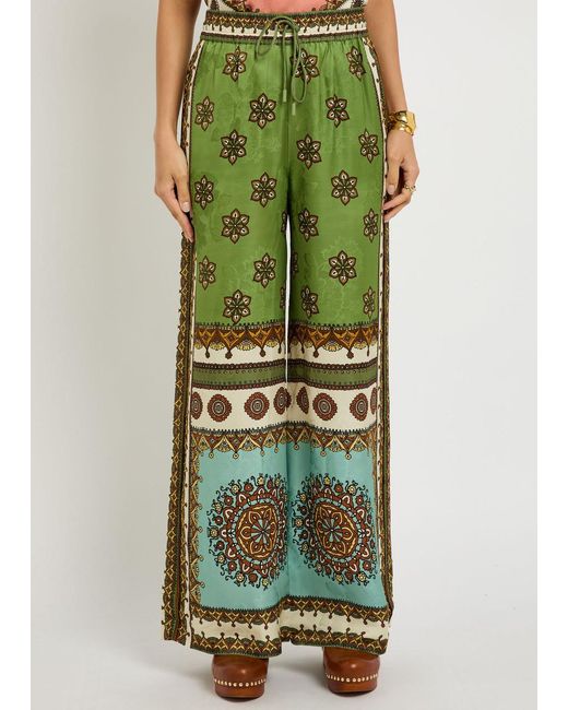 ALÉMAIS Green Contina Printed Wide-Leg Satin Trousers