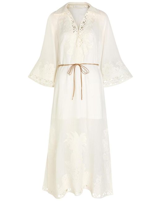 Zimmermann White Indra Embroidered Belted Ramie Maxi Dress