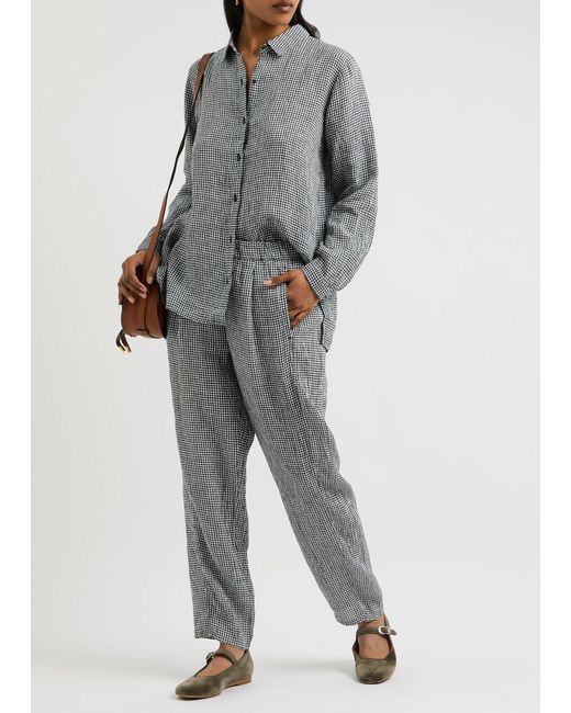 Eileen Fisher Gray Checked Tapered Linen Trousers