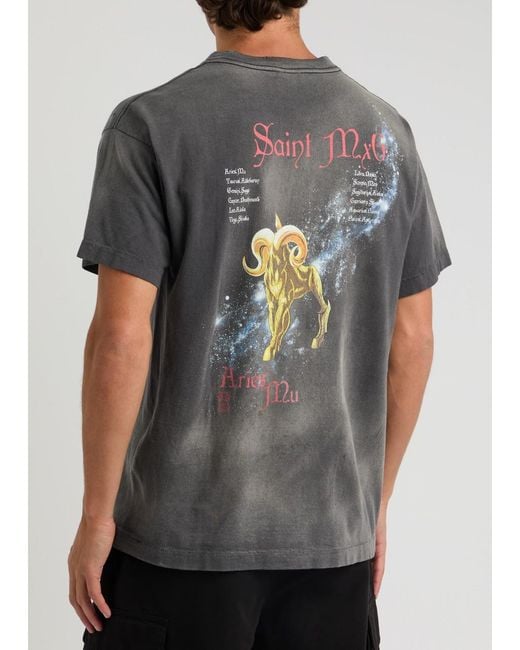 SAINT Mxxxxxx Gray Saint Seiya Printed Distressed Cotton T-Shirt for men