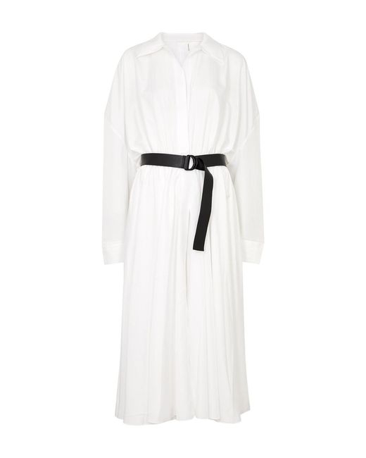 Norma Kamali White Belted Matte Satin Shirt Dress