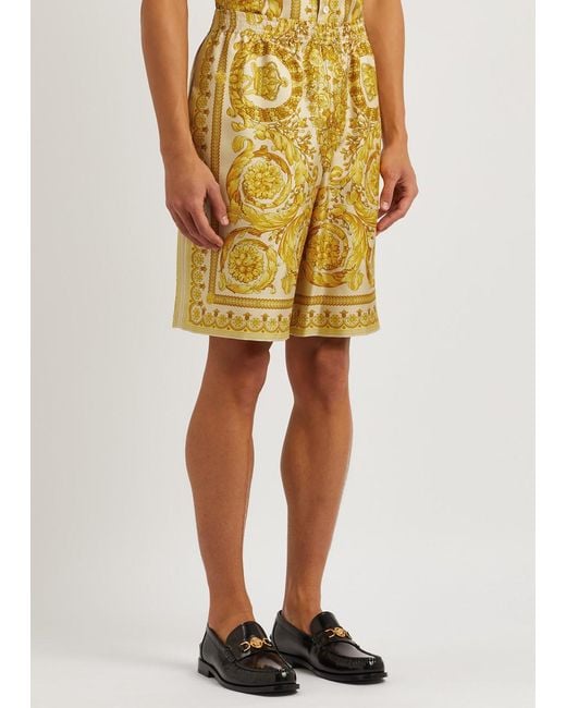 Versace Yellow Baroque Printed Silk-twill Shorts for men