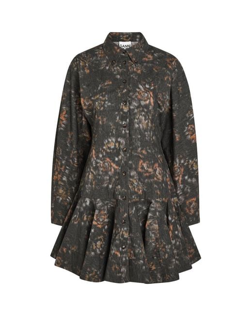 Ganni Gray Printed Stretch-Cotton Mini Shirt Dress