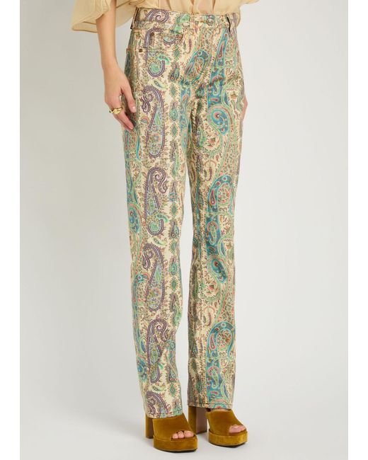 Etro Green Patterned Straight-Leg Jeans