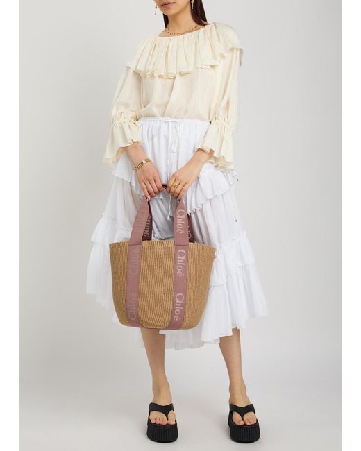 Chloé Brown Woody Large Logo-Embroidered Raffia Basket Bag