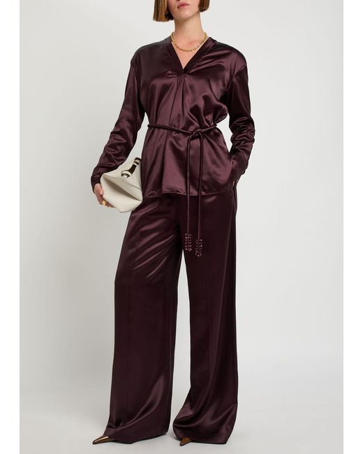 Tory Burch Purple Pintuck Wide-Leg Satin Trousers
