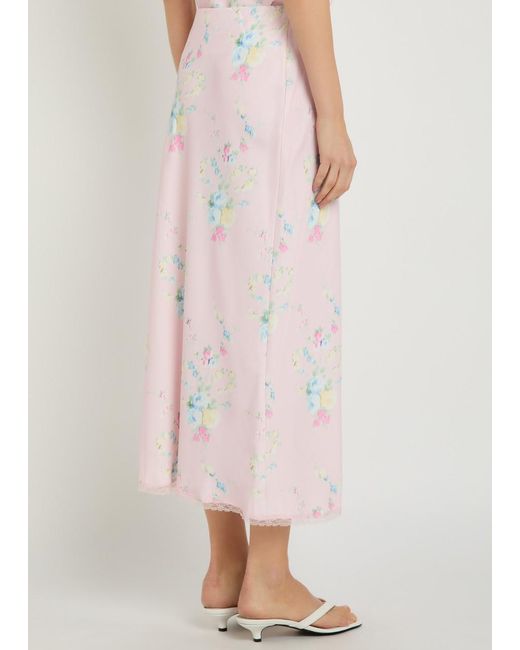 LoveShackFancy Pink Kalo Floral-Print Satin Midi Slip Skirt