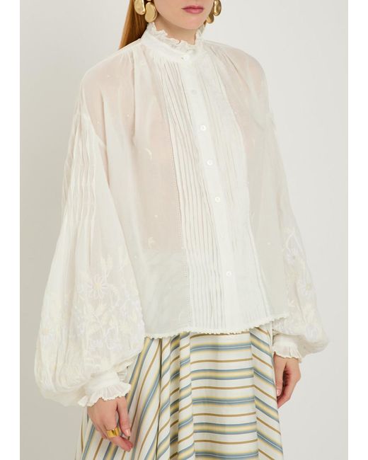 Thierry Colson White Slava Embroidered Balloon Sleeve Cotton Shirt